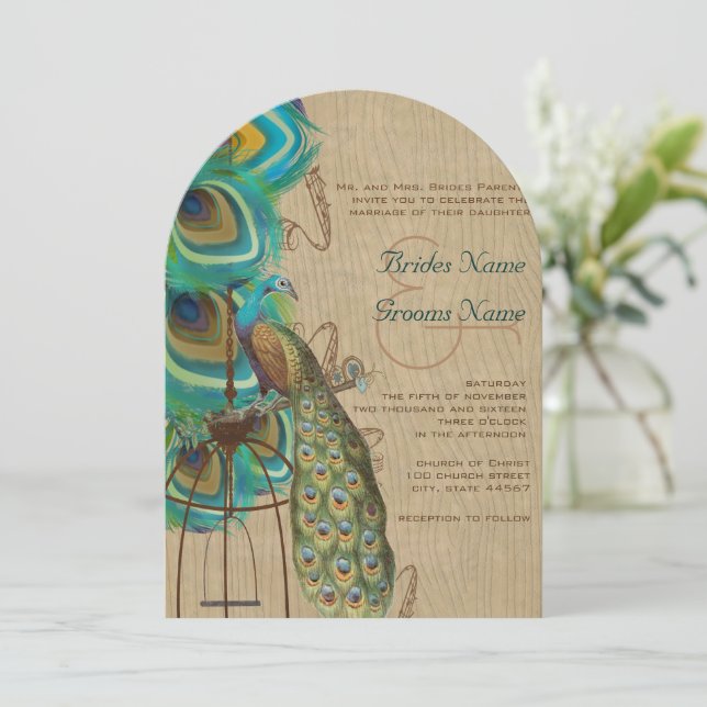 Rustic Wood Musical Peacock Bird Cage Feather Inbjudningar (Stående Fram)