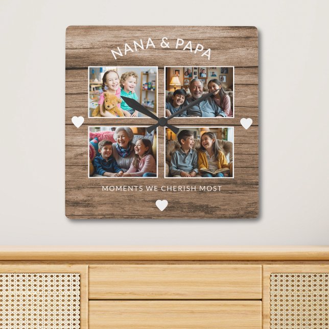 Rustic Wood Nana Pappa 4 Photo Grandparent Gift Fyrkantig Klocka (Skapare uppladdad)