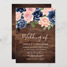 Rustic Wood & Navy Blommigt Bröllop Inbjudningar