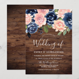 Rustic Wood & Navy Blommigt Bröllop Inbjudningar