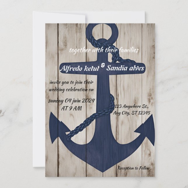 Rustic Wood Navy Blue Anchor Nautical Bröllop Inbjudningar (Framsida)