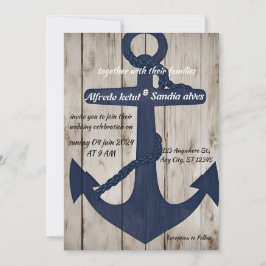 Rustic Wood Navy Blue Anchor Nautical Bröllop Inbjudningar