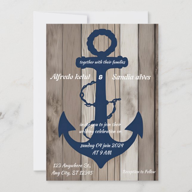 Rustic Wood Navy Blue Anchor Nautical Bröllop Inbjudningar (Framsida)