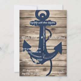 Rustic Wood Navy Blue Anchor Nautical Bröllop Inbjudningar