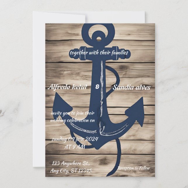 Rustic Wood Navy Blue Anchor Nautical Bröllop Inbjudningar (Framsida)