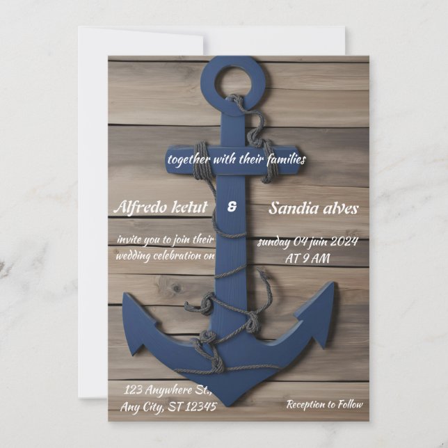 Rustic Wood Navy Blue Anchor Nautical Bröllop Inbjudningar (Framsida)