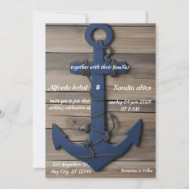 Rustic Wood Navy Blue Anchor Nautical Bröllop Inbjudningar