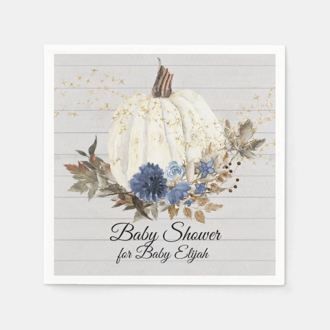 Rustic Wood Navy Blue Blommigt Pumpkin Baby Shower Pappersservett (Framsidan)