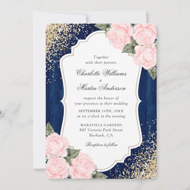 Rustic Wood Navy Blue  Ro Confetti Bröllop Inbjudningar (Framsida)