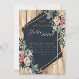 Rustic Wood Navy Blue Rosa Geometric Bröllop Inbjudningar