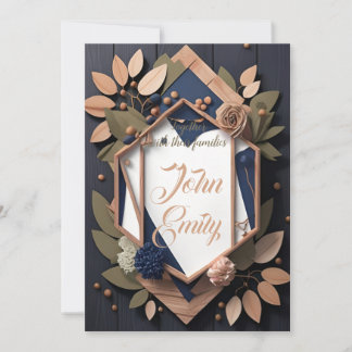 Rustic Wood Navy Blue Rosa Geometric Bröllop Inbjudningar