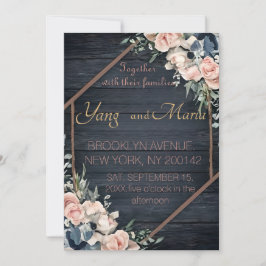 Rustic Wood Navy Blue  Rosa Geometric Bröllop Inbjudningar
