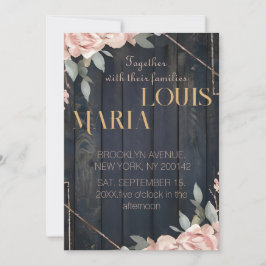 Rustic Wood Navy Blue  Rosa Geometric Bröllop Inbjudningar
