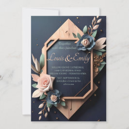 Rustic Wood Navy Blue  Rosa Geometric Bröllop Inbjudningar