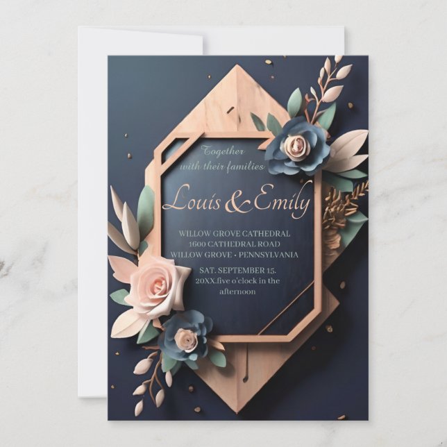Rustic Wood Navy Blue  Rosa Geometric Bröllop Inbjudningar (Framsida)