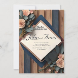 Rustic Wood Navy Blue  Rosa Geometric Bröllop Inbjudningar