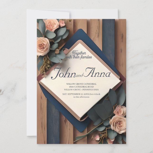 Rustic Wood Navy Blue  Rosa Geometric Bröllop Inbjudningar (Framsida)