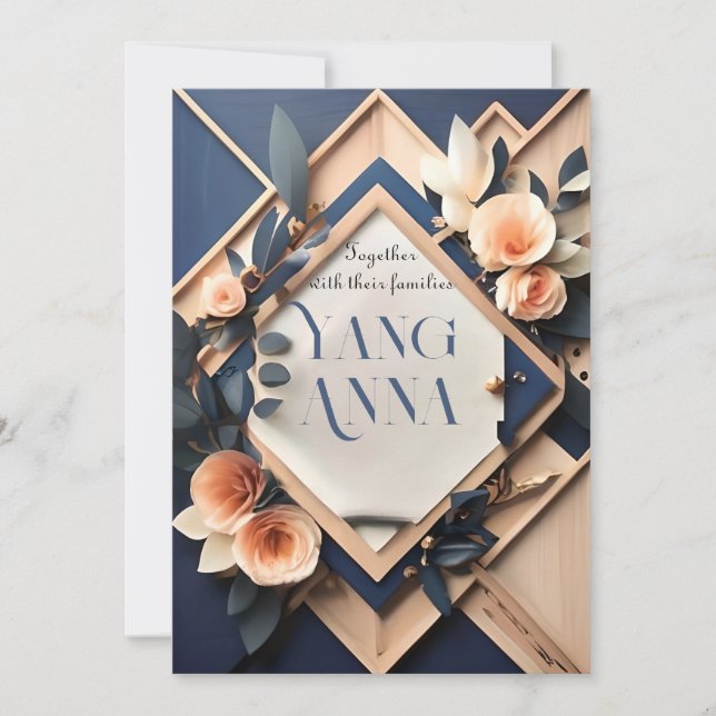 Rustic Wood Navy Blue  Rosa Geometric Bröllop Inbjudningar (Framsida)
