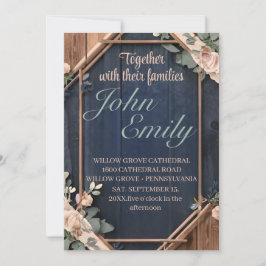 Rustic Wood Navy Blue Rosa Geometric Bröllop Inbjudningar