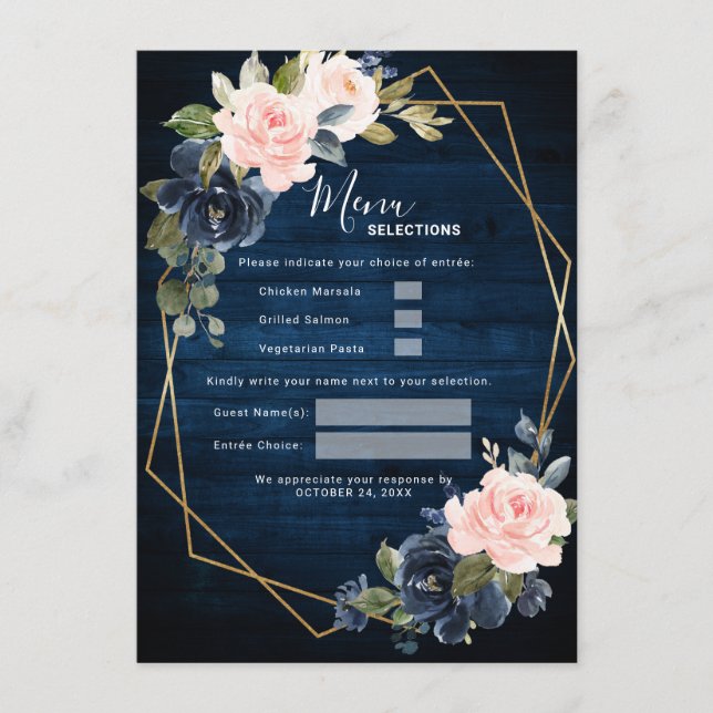 Rustic Wood Navy Blue  Rosa Geometric Bröllop Meny (Framsida)