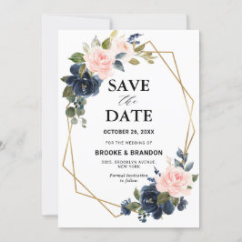Rustic Wood Navy Blue Rosa Geometric Bröllop Spara Datumet