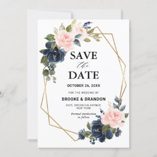 Rustic Wood Navy Blue Rosa Geometric Bröllop Spara Datumet