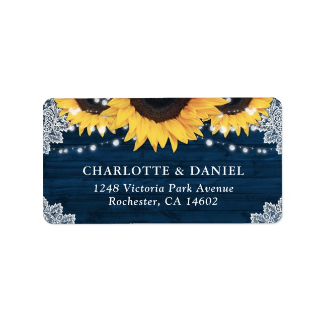Rustic Wood Navy Blue Sunflower Wedding Address Adressetikett (Framsidan)