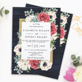 Rustic Wood Navy Burgundy Guld Blommigt Bröllop Inbjudningar