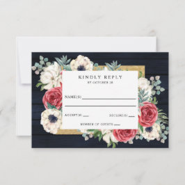 Rustic Wood Navy Burgundy Guld Blommigt Bröllop OSA Kort
