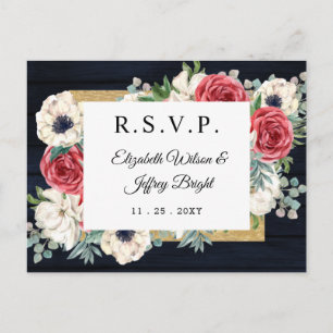 Rustic Wood Navy Burgundy Guld Blommigt OSA Inbjudan Vykort