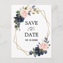Rustic Wood Navy Geometric Save Date Vykort