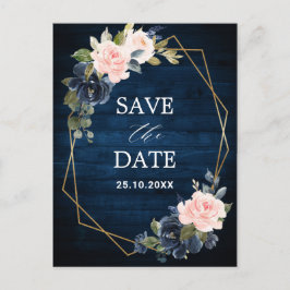 Rustic Wood Navy Geometric Save Date Vykort
