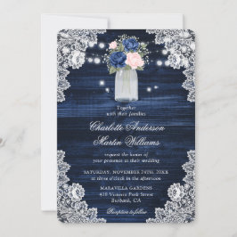 Rustic Wood Navy  Rosa Blommigt Bröllop Inbjudningar