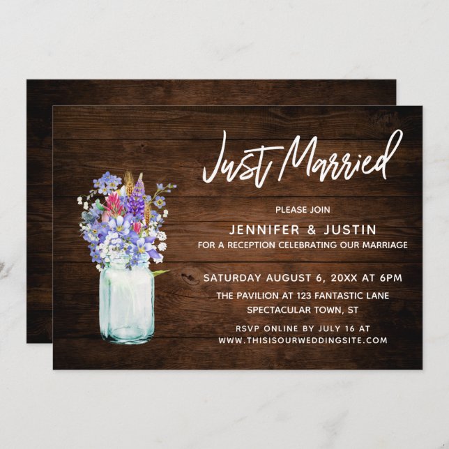Rustic Wood Ny gifta Wildblommor i Mason Burk Inbjudningar (Fram/baksida)