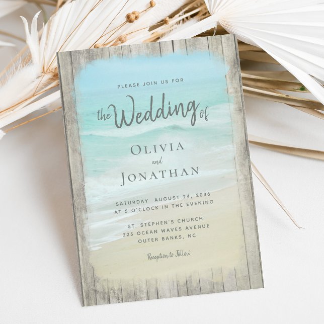 Rustic Wood Ocean Vågar Beach Wedding Inbjudningar (Skapare uppladdad)