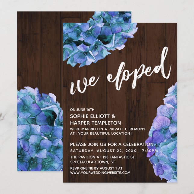 Rustic Wood och Blue Hydrangea we Elope Inbjudningar (Fram/baksida)
