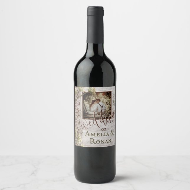 Rustic Wood och Burlap Bröllop Vin-etikett Vinflaska Etikett (Framsida)