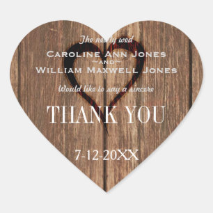 Rustic Wood och Engraved Heart Tack Sticker Hjärtformat Klistermärke