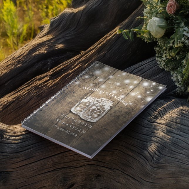 Rustic Wood och Mason Burk Ljus Bröllop Guestbook Anteckningsbok Med Spiral (Skapare uppladdad)