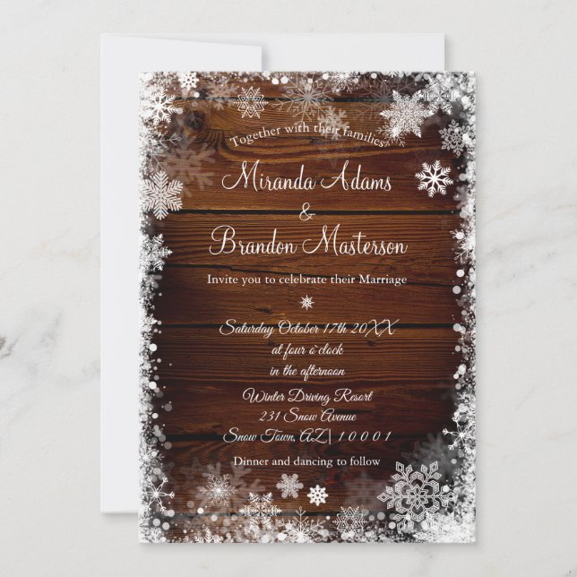 Rustic Wood och Snö Winter Wedding Inbjudningar (Framsida)