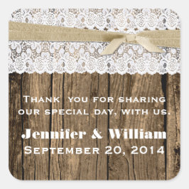 Rustic Wood och Snöre Wedding Favor Sticker Fyrkantigt Klistermärke