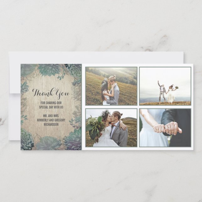 Rustic Wood och Succulents Bröllop Tack (Framsida)