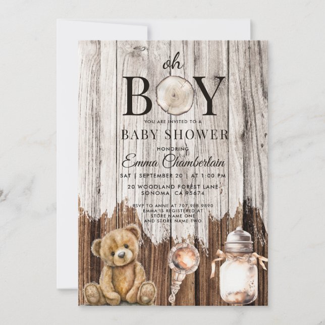 Rustic Wood Oh Boy Baby Shower-inbjudan Inbjudningar (Framsida)