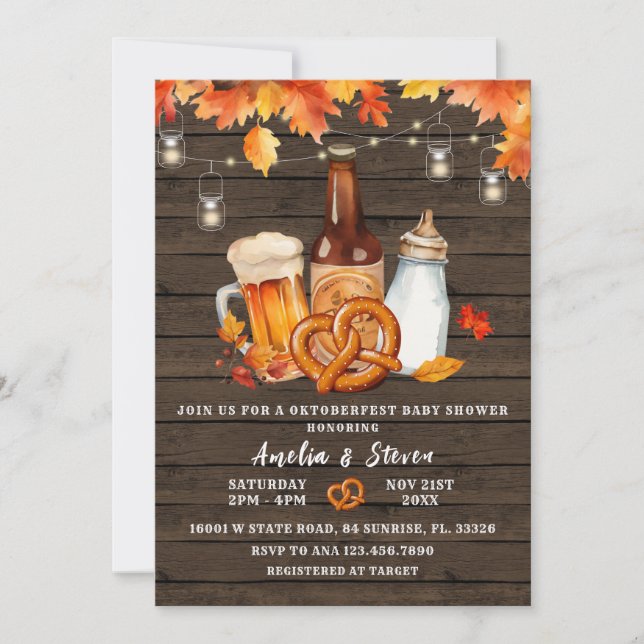 Rustic Wood Oktoberfest Beer & Flaska Baby Shower Inbjudningar (Framsida)