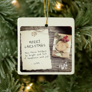 Rustic Wood Old Papper Script God jul Julgransprydnad Keramik