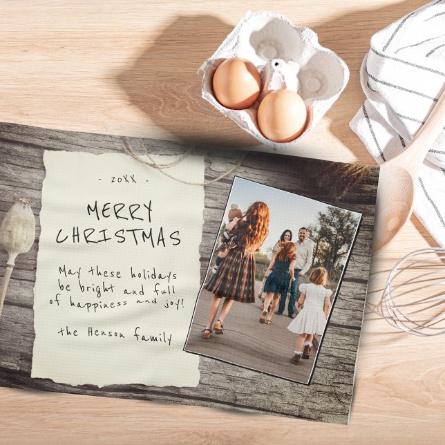 Rustic Wood Old Papper Script-julfoto Kökshandduk (Skapare uppladdad)