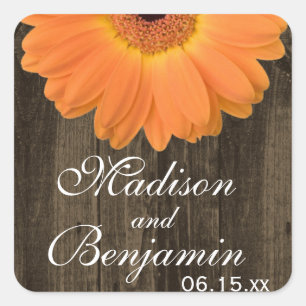 Rustic Wood Orange Daisy Wedding Favor Stickers Fyrkantigt Klistermärke