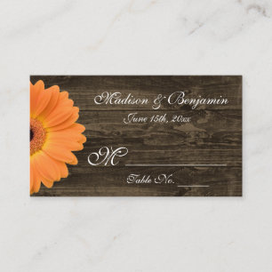 Rustic Wood Orange Gerber Daisy Bröllop Place Card Placeringskort