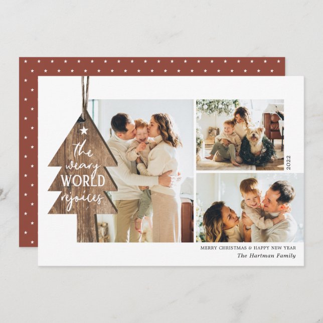 Rustic Wood Ornament 3 Photo Collage jul Julkort (Fram/baksida)