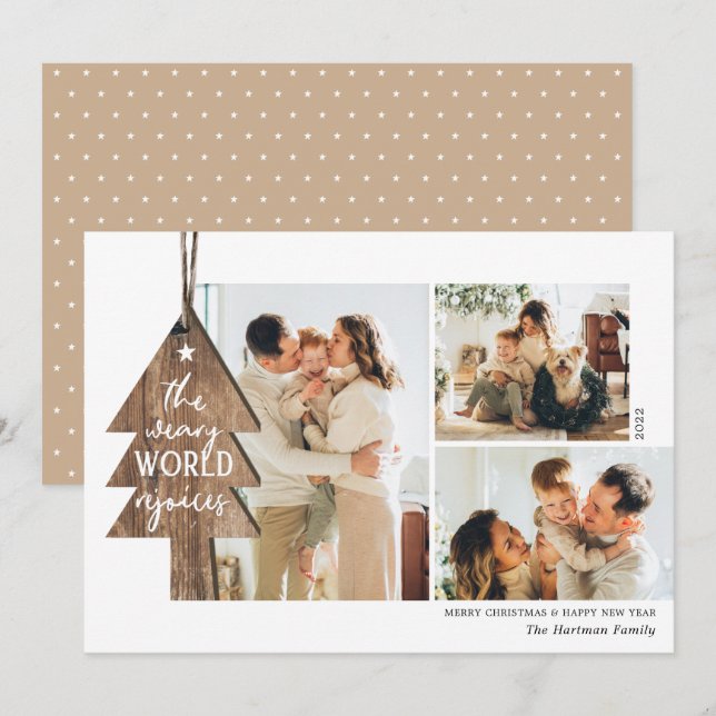 Rustic Wood Ornament 3 Photo Collage jul Julkort (Fram/baksida)